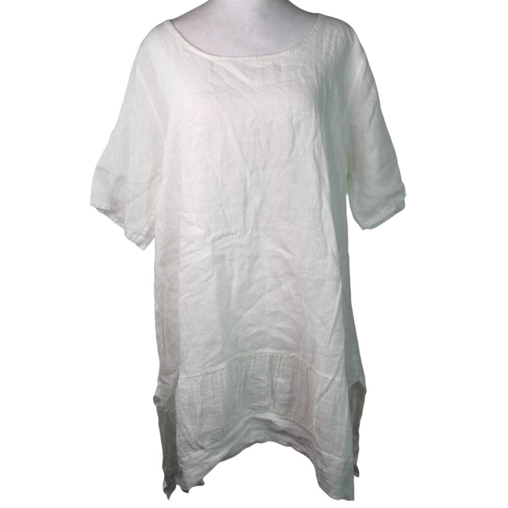 Lagenlook 100% Linen Made in Italy Tunic Top Asymmetrical Boat Neck Large White